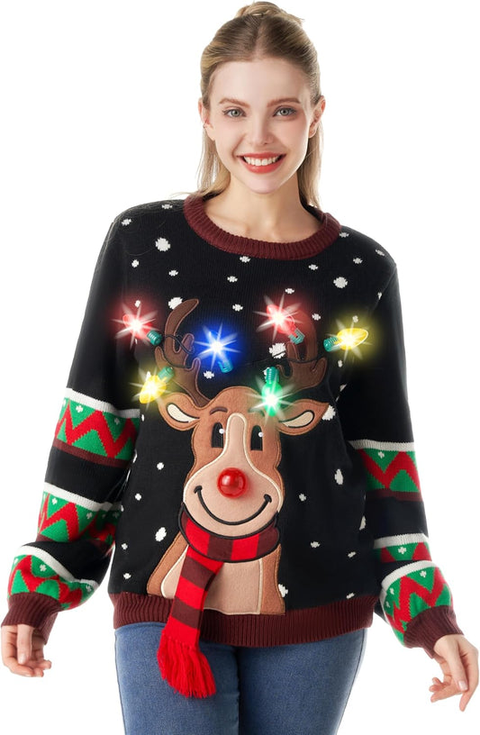 Womens LED Light up Christmas Sweater, Christmas Ugly Sweater with Light Bulbs